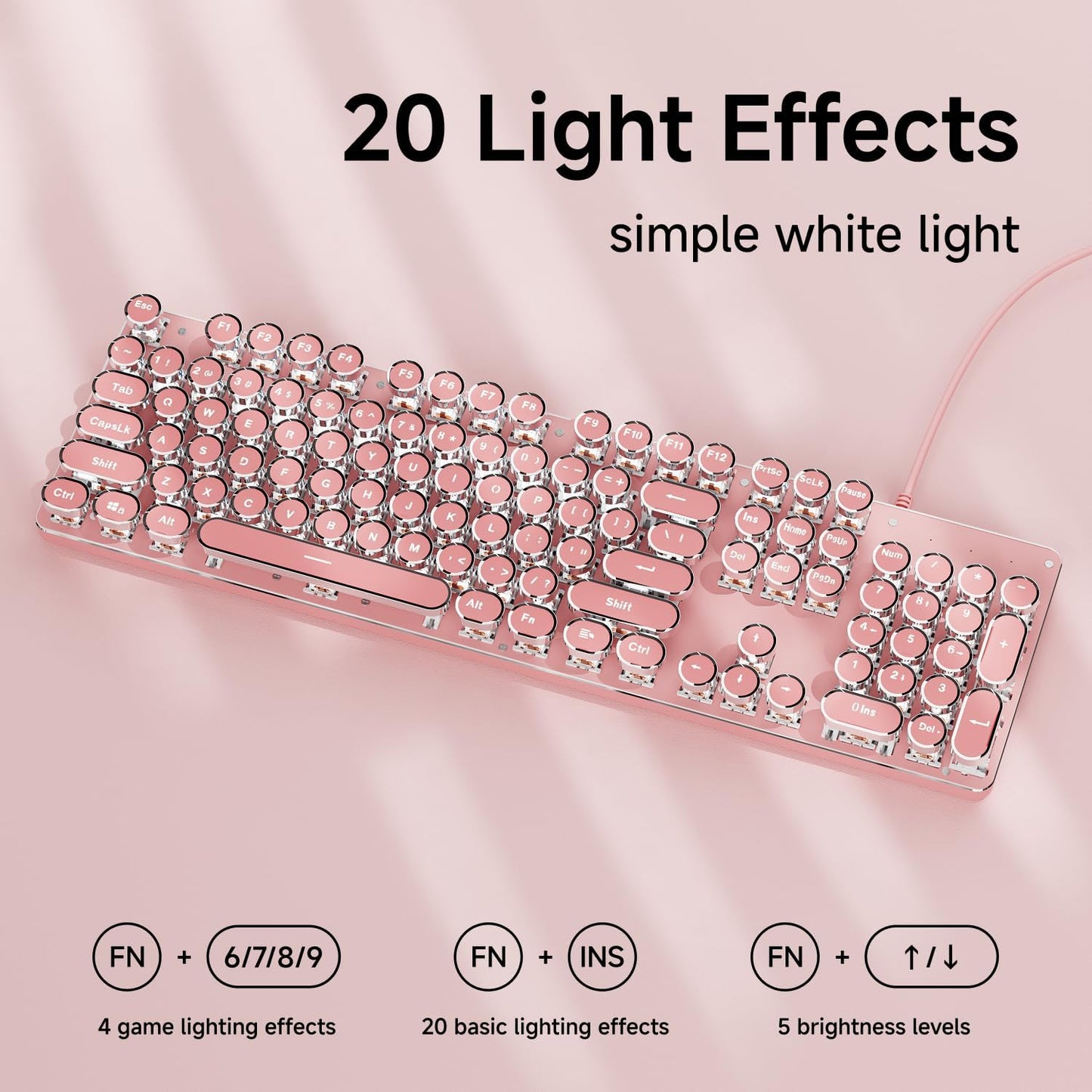 EWEADN TK100 Typewriter Keyboard Wired Mechanical Keyboard, 104 Keys Aesthetic Typewriter Keyboards with White Backlit, Anti-Ghosting, Blue Switch Wired Cute Keyboards-Pink