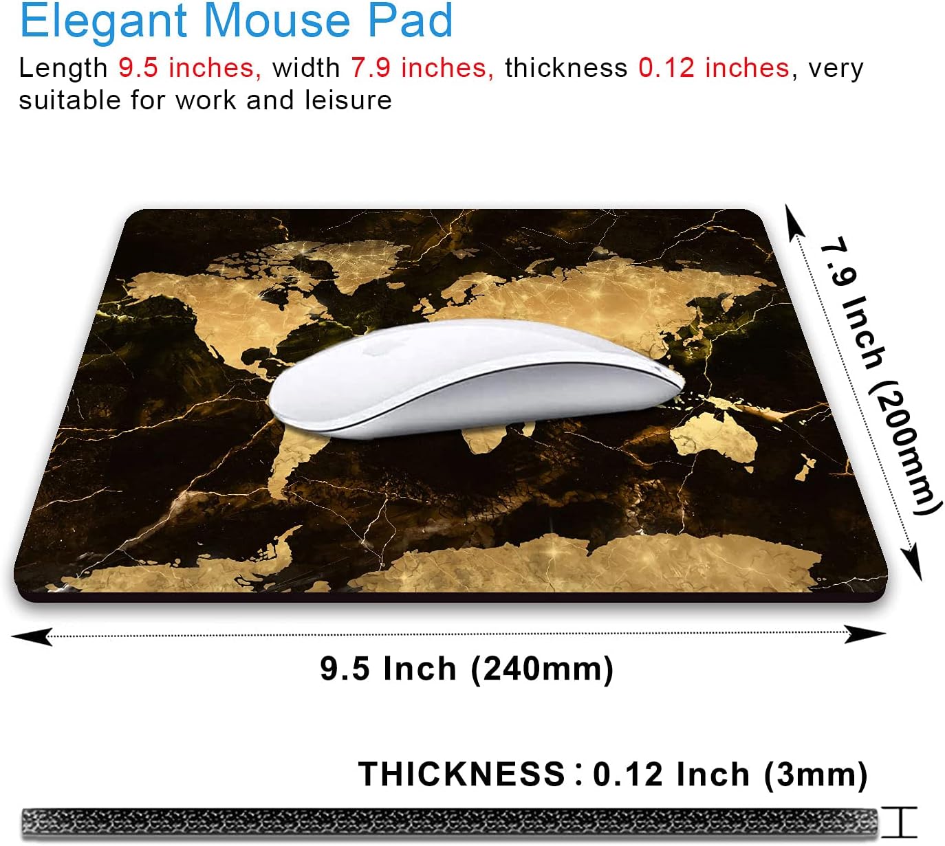 IMAYONDIA Square Mouse Pad, World Map Mouse Pad, Black Gold Marble Mousepad, Non-Slip Rubber Mouse Pad, Vintage Map Design Mouse Pads for Office, Work, Men, 9.5 x 7.9 Inch