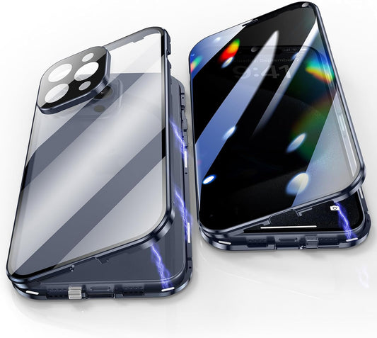 Jonwelsy Anti Peeping Case for iPhone 15 Pro (6.1"), 360 Degree Front and Back Privacy Tempered Glass Cover, Magnetic Adsorption Metal Bumper (Blue)