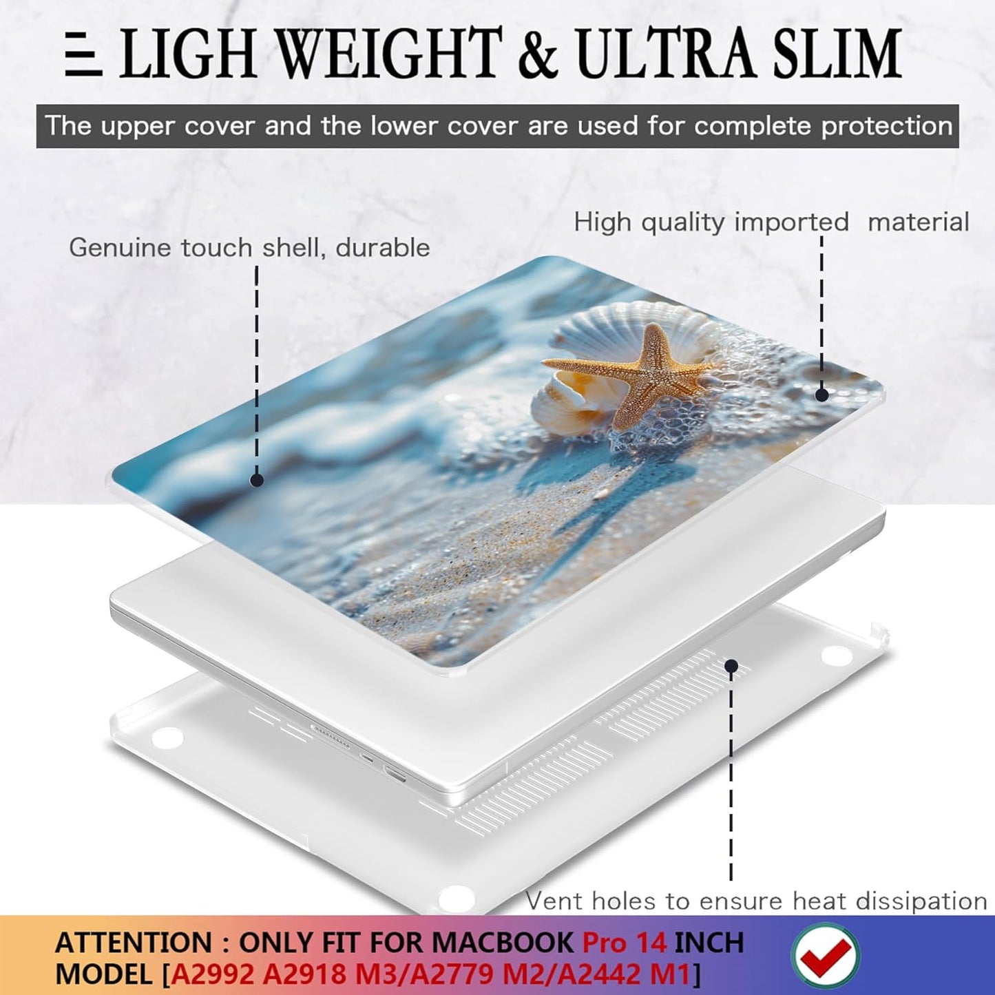CISSOOK Compatible with MacBook Pro 14 inch Case 2024, 2023-2021 Release M4 A3112 A3185 A3401 M3 A2992 A2918 M2 A2779 M1 A2442 Model, Plastic Hard Shell Case with Keyboard Cover, Beach&Shell