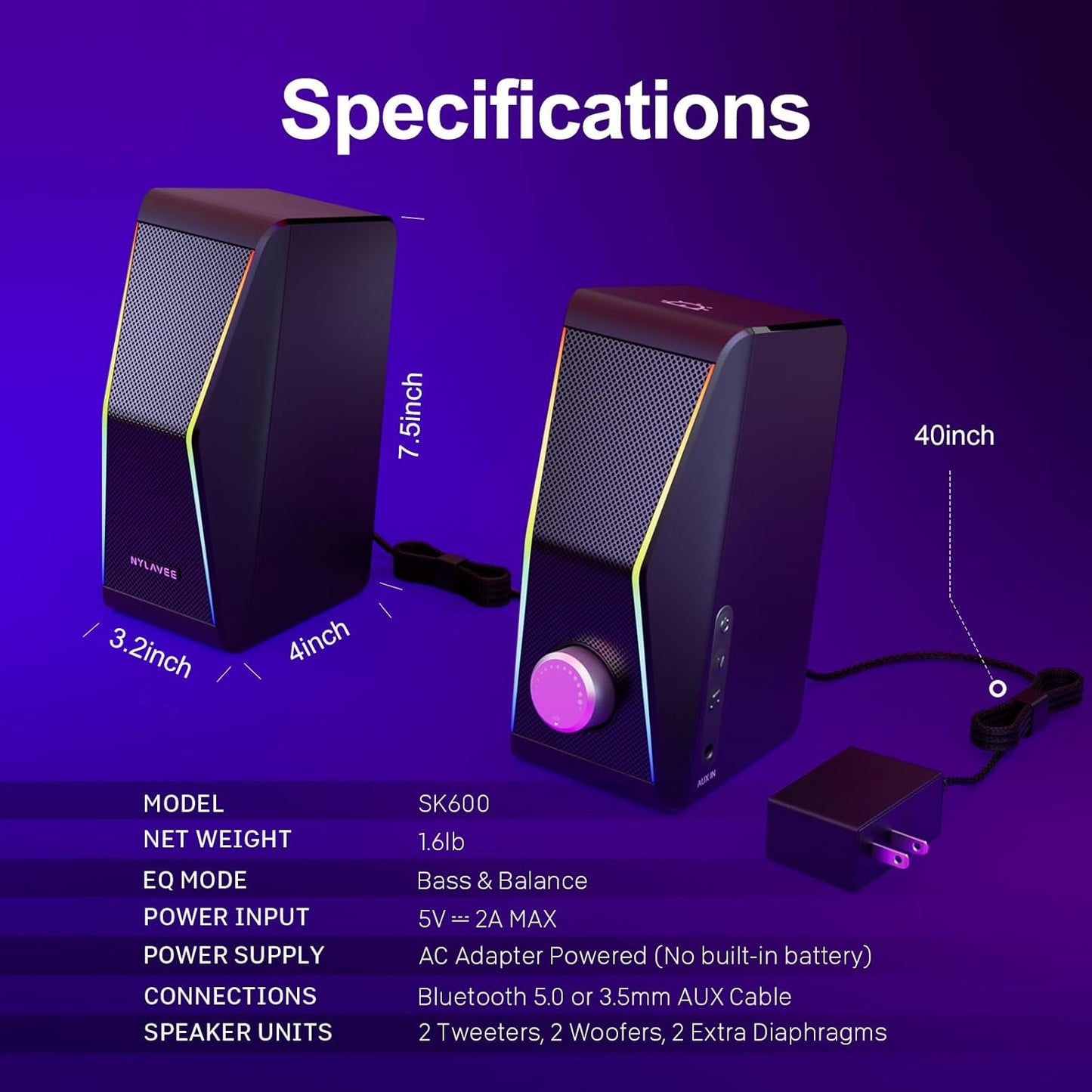 Computer Speakers, Bluetooth 5.0 Hi-Fi Stereo PC Speakers, 4 Dynamic Lighting Modes, AC Adapter Powered and 3.5mm AUX-in Computer Speakers for Desktop PC, Monitor, Laptop, Tablet, Phone