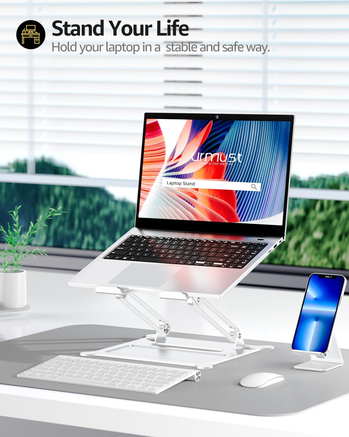 Urmust Laptop Notebook Stand Holder Adjustable Ultrabook Stand Riser Portable Compatible with MacBook Air Pro HP Dell XPS Lenovo All laptops 10-15.6"(Silver)