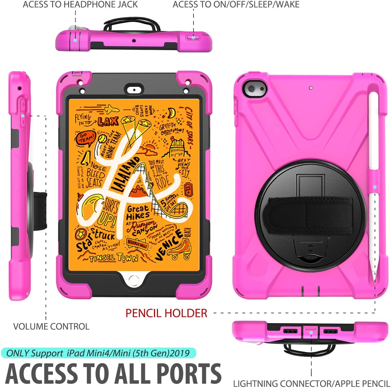 BRAECN iPad mini 5 Case,iPad mini 4 Case, Heavy Duty Shockproof Protective Rugged Case with Pencil Holder,Hand Strap,Kickstand, Shoulder Strap for iPad mini 5th/4th Generation 7.9 Inch for Kids