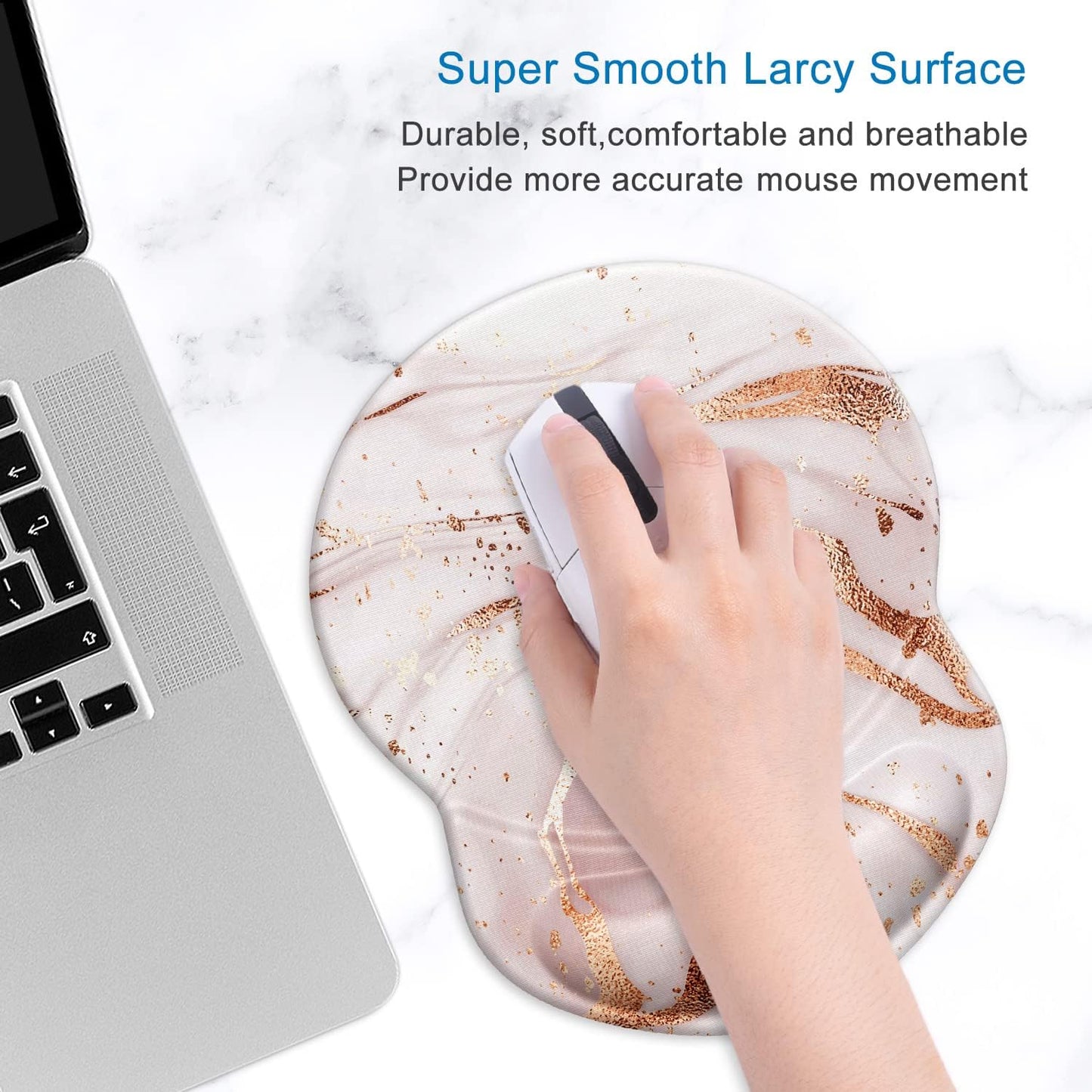 ITNRSIIET Ergonomic Mouse Pad with Gel Wrist Support Small Wrist Rest Smooth Surface Non-Slip PU Base Comfortable Office Supplies Pain Relief, 8.7 x 7.2 inches, Rose Gold Marbling