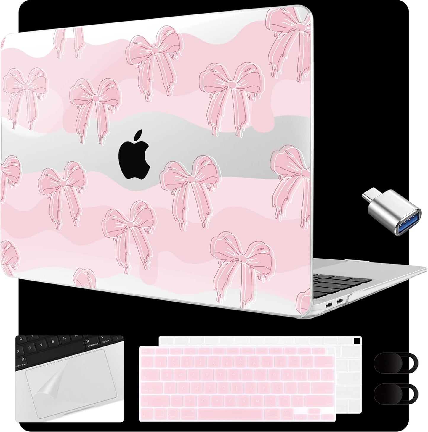 MEEgoodo for MacBook Air 13.3 inch Case 2021 2020 2019 2018 A2337 M1 A2179 A1932, Laptop Shell for MacBook Air M1 with Keyboard Webcam Cover & Trackpad Film & Type C Adapter,Melted Bow