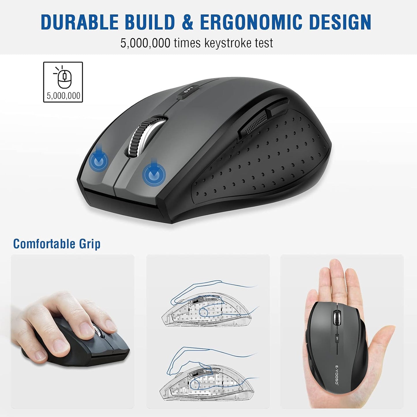 E-YOOSO Wireless Mouse for Laptop, Portable Optical Computer Mouse, 6 Buttons, Cordless 2.4GHz with USB Receiver, 5-Level 4800 DPI, 18 Months Battery Life for PC Chromebook Windows Mac