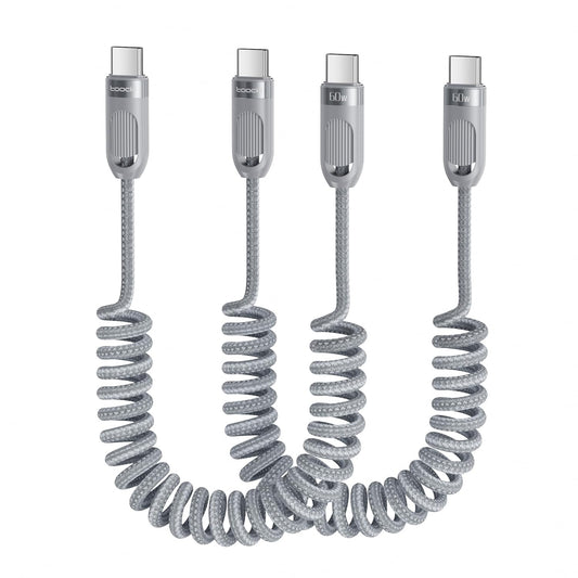 Coiled USB C to USB C Cable 2Pack 3FT Braided Retractable Fast Charging Cable for Car, Compatible with iPhone 16/15 Pro Max/Galaxy S24/S23/S22, Supports Car Play & Android Auto-Grey