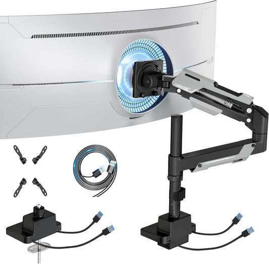 ARES WING Single Monitor Mount with USB, Ultrawide Monitor Arm for 24 to 57 Inch Heavy Duty Curved Screen, Adjustable Gas Spring Monitors Arm Stand up to 66LBS with 75/100/200 Vesa Mount, Black