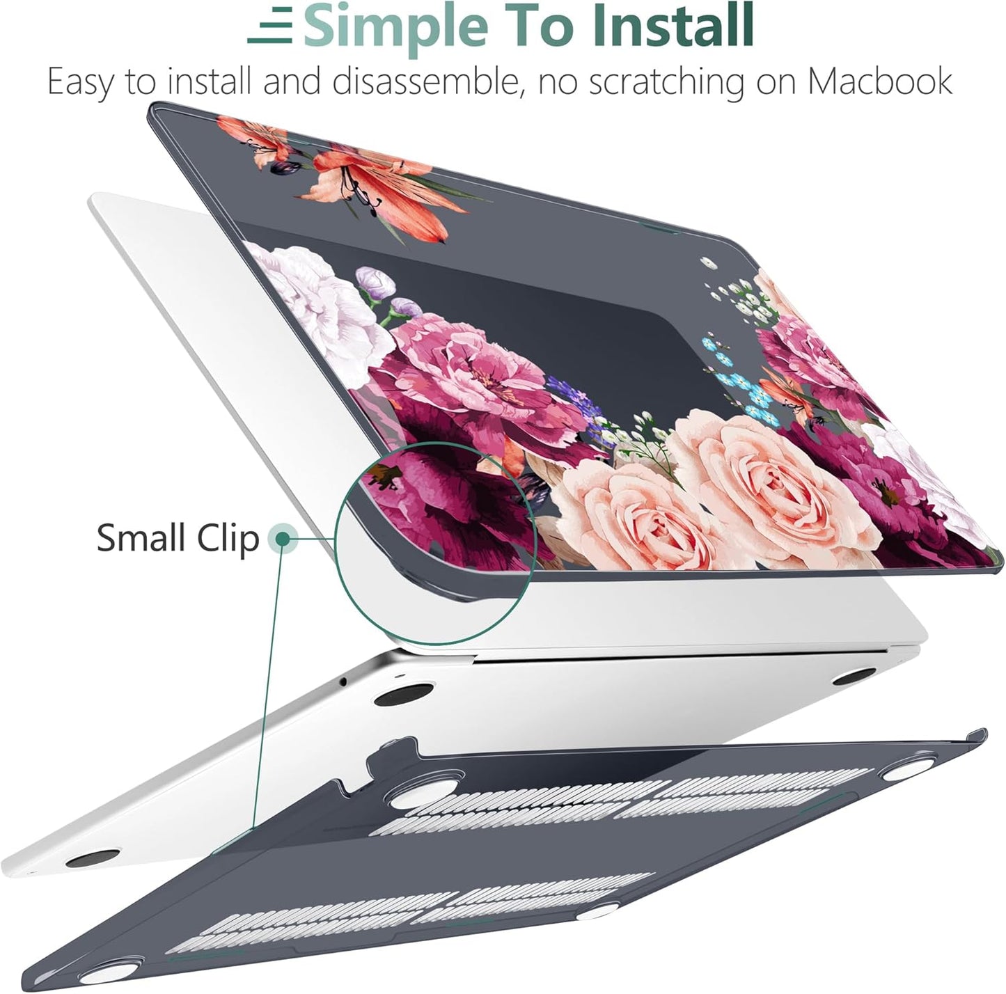 TWOLSKOO for M4 MacBook Air 13.6 inch Case 2025-2022 Release M4 A3240 M3 A3113 M2 A2681, Plastic Hard Shell & Screen Protector & Keyboard Cover & Trackpad Film, Black Peony