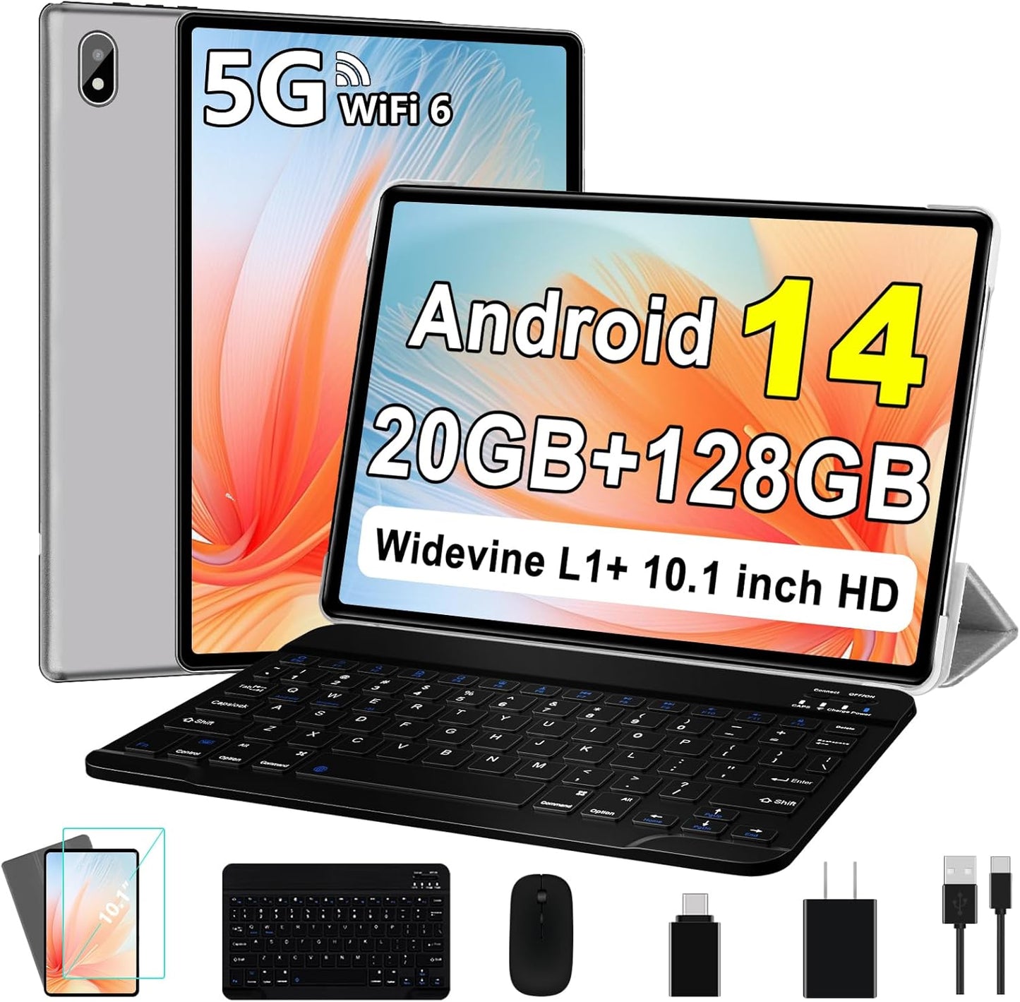 Android 14 Tablet 10 Inch Tablets, 20GB+128GB/1TB Expandable, Tablets with Octa-Core, WiFi 6, Dual Camera, BT 5.0, 6000mAh Battery, HD IPS Display, Widevine L1, Tablet with Keyboard Mouse - Sliver