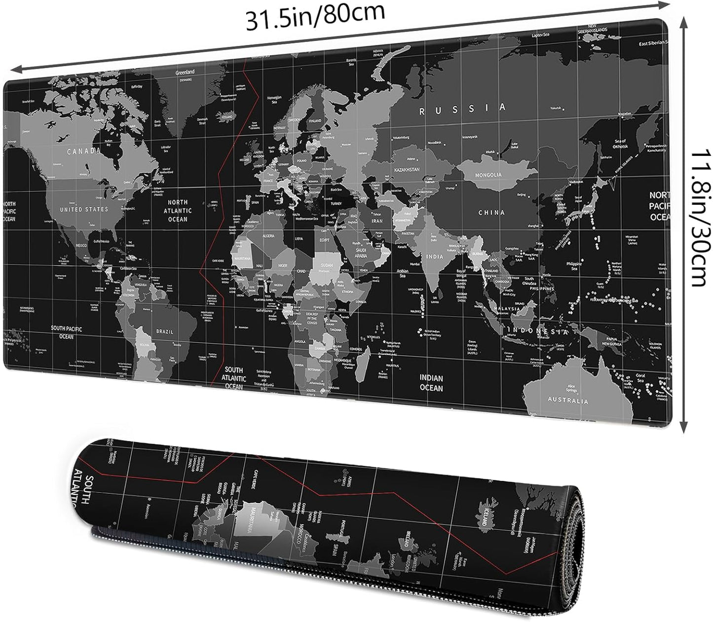 Galdas Gaming Mouse Pad XXL XL Large Long Extended Big Mousepad Non-Slip Rubber Keyboard Desk Pad with Stitched Edges for Laptop Home Office (31.5x11.8x0.08 Inch) … (Black World Map)