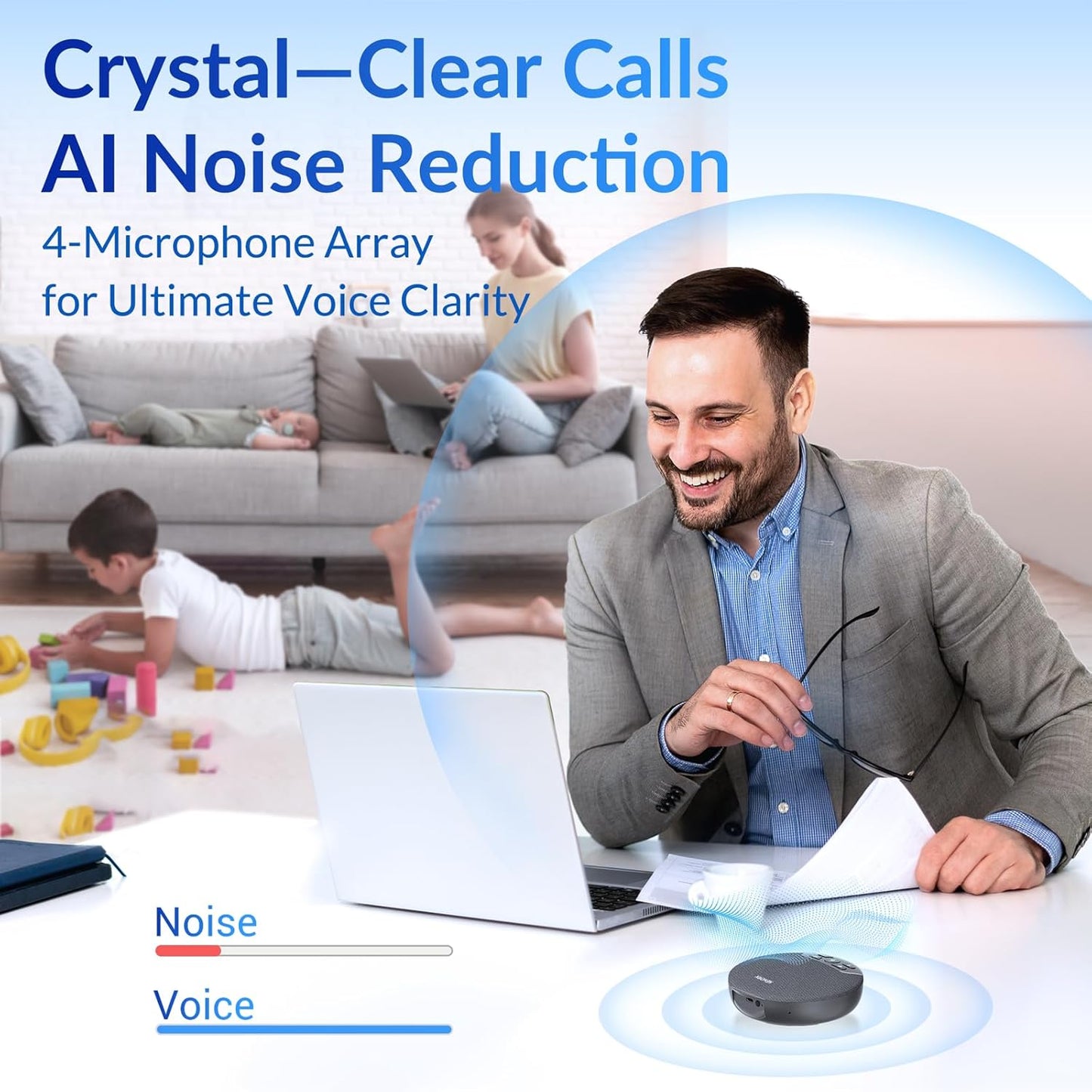 Bluetooth Conference Speakerphone with 4 Mics, AI Noise Reduction, 360° Voice Pickup, 2600mAh Battery, Bluetooth/USB-C/Dongle, Daisy Chain for Large Rooms, Compatible with Zoom/Teams/Skype