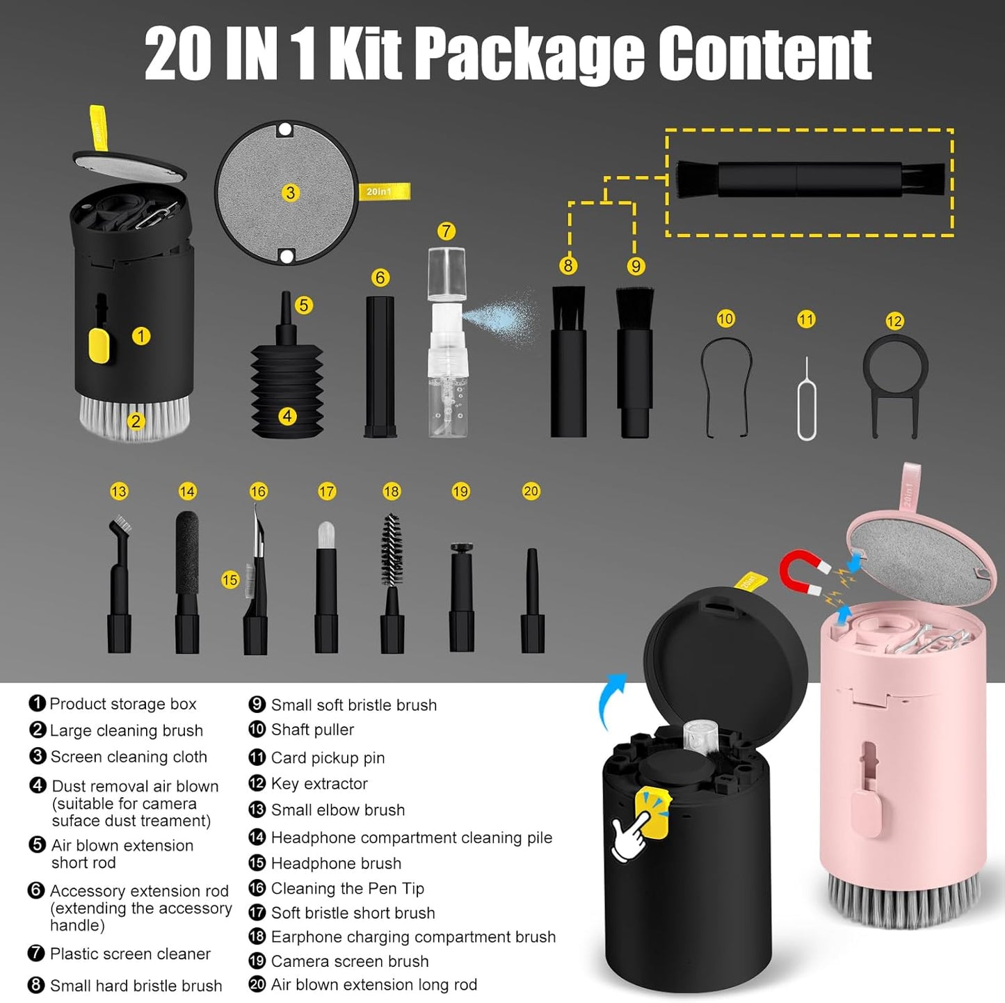 walrfid 2pcs Computer Keyboard Cleaner Kit, Laptop Screen Cleaning Spray for iPhone AirPod Phone MacBook iPad, 20-in-1 Electronic Clean Brush Tool for Earbud iPod TV Earphone Camera, Black Pink