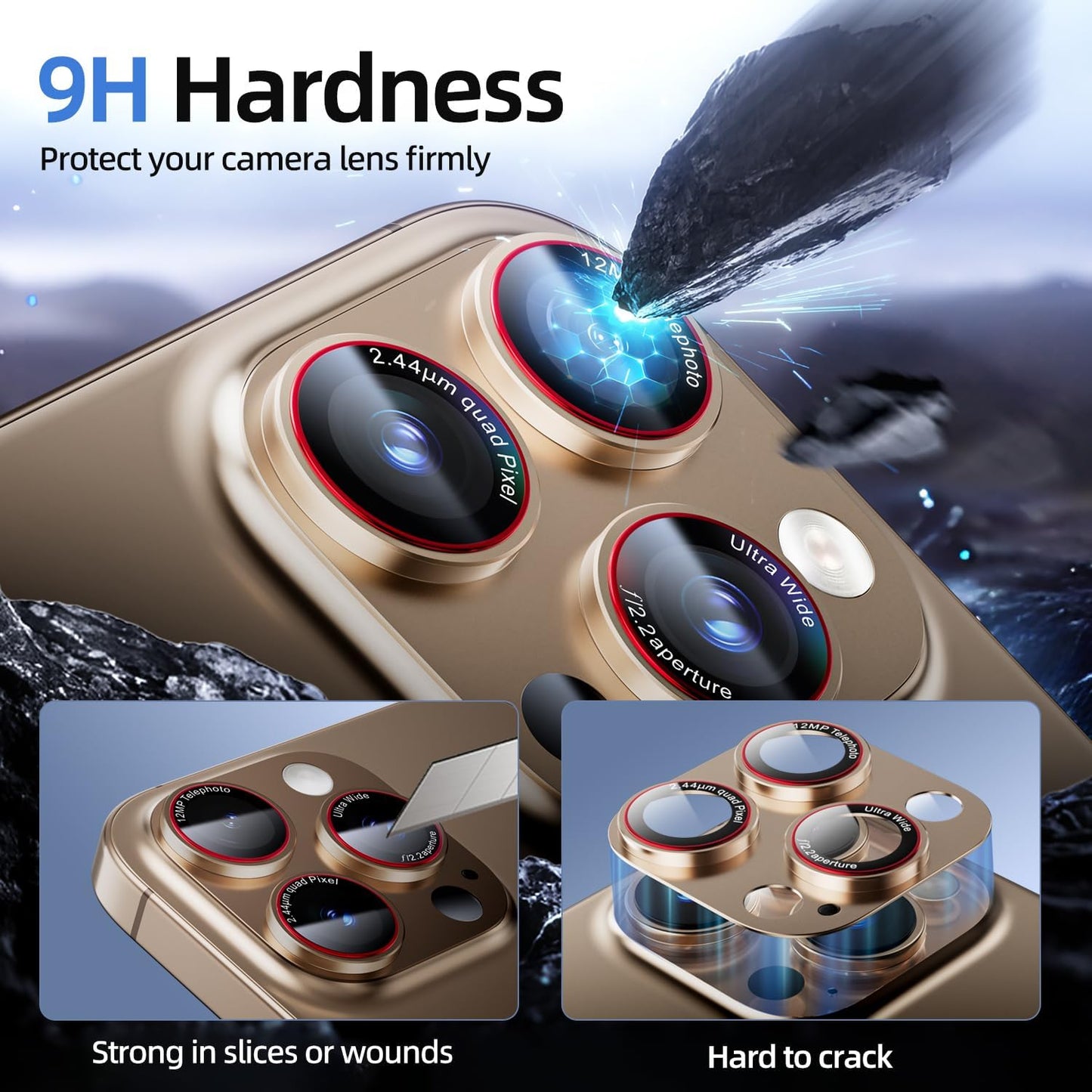 Camera Lens Protector for iPhone 16 Pro Max/iPhone 16 Pro/iPhone 15 Pro Max/iPhone 15 Pro/iPhone 14 Pro Max/14 Pro , [Military Grade Shatterproof][Full Coverage Metal] [Strong Adsorption] 9H Metal Tempered Glass Camera Screen Cover, [Case-Friendly], Gold