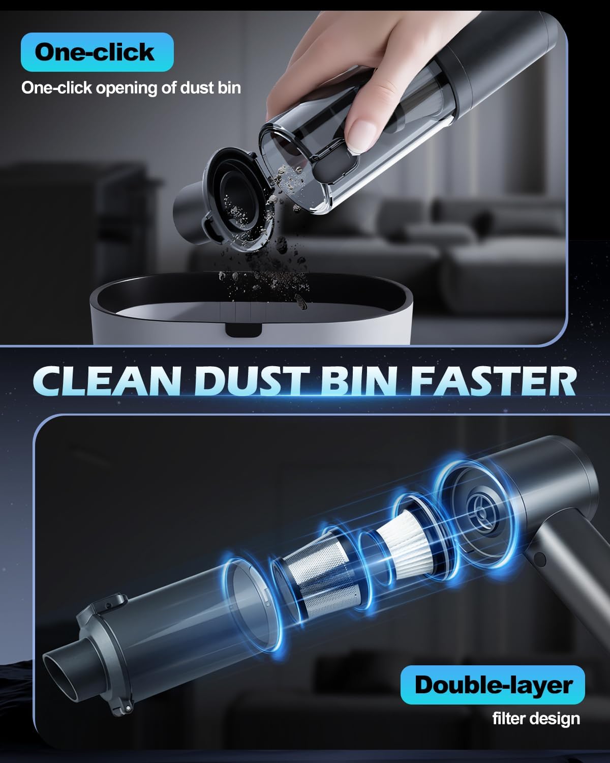 Handheld Car Vacuum Cleaner, 15000PA Car Vacuum Cleaner and Air Duster, High Power Handheld Vacuum Cordless Rechargeable with Multi-Nozzles, Portable Mini Cars Vacuum for Cars Home Office