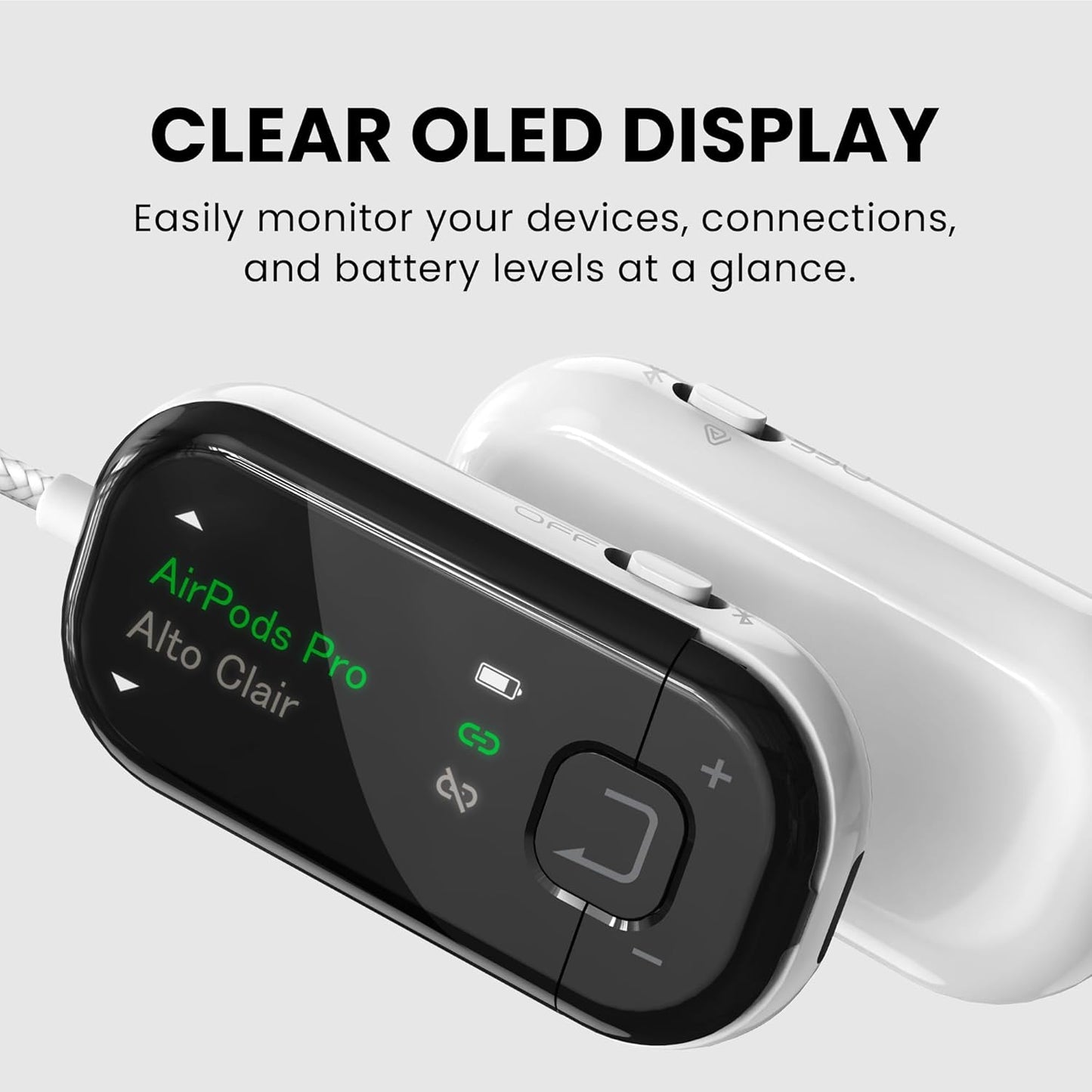 Avantree Voyager - Airplane Bluetooth Adapter for Headphones & AirPods, Bluetooth 5.4 with Latest Auracast & OLED Display, Qualcomm Chip, aptX Adaptive, Wireless Audio Transmitter for Travel & Flight