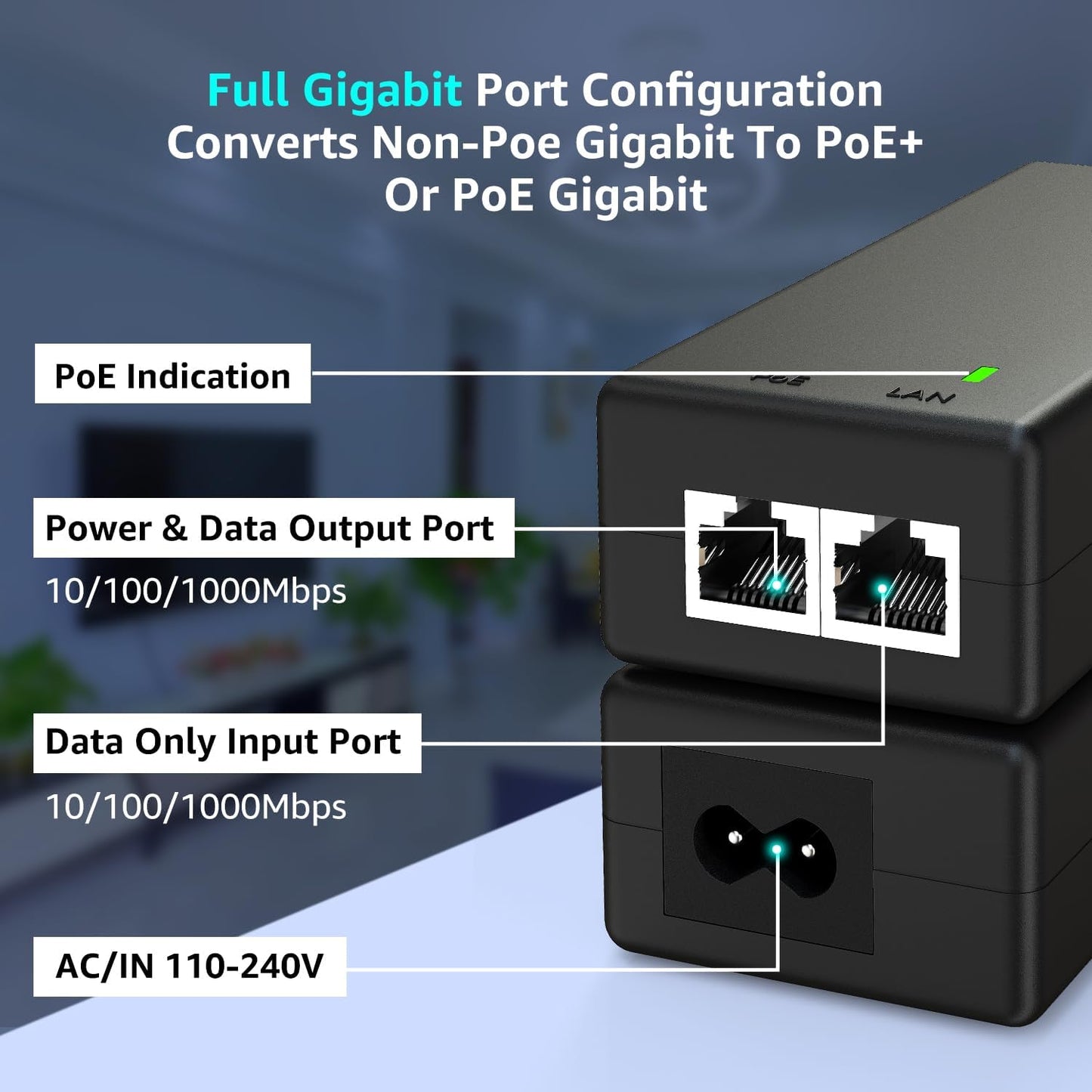 YuanLey Gigabit PoE Injector Adapter 30W, Converts Non-PoE to PoE Gigabit, Power Over Ethernet Injector 48V IEEE 802.3af/at, 10/100/1000Mbps PoE+ Injector Adapter Plug & Play, Distances Up to 325 Feet