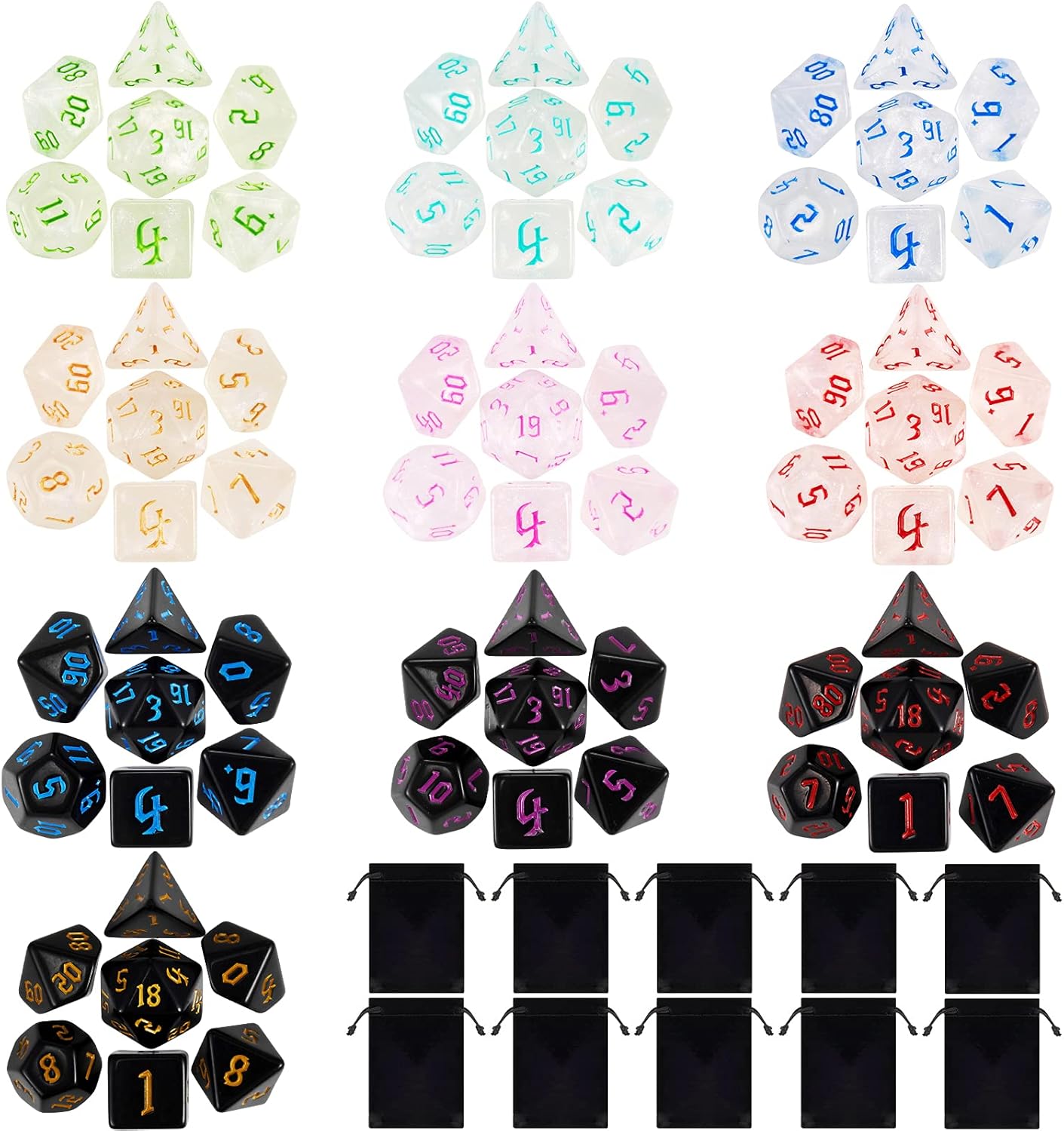 DND Dice, 10 X 7 (70 Pieces) Polyhedral Dice Set for Dungeons and Dragons DND RPG MTG Table Games D4 D6 D8 D10 D% D12 D20 with 10 Pack Black Bags