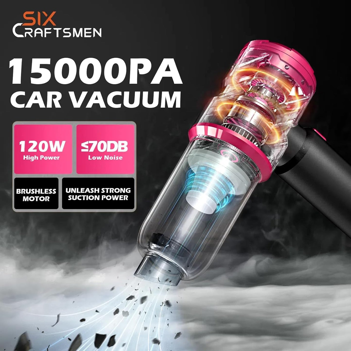 Handheld Car Vacuum with 15000PA Power, 4 in 1 Small Powerful Cordless Vacuum Cleaner & Air Duster with 2000mAh Battery, Rechargeable Portable Mini Hand Held Vacuum for Car, Home,Office,Pet Hair（Pink）