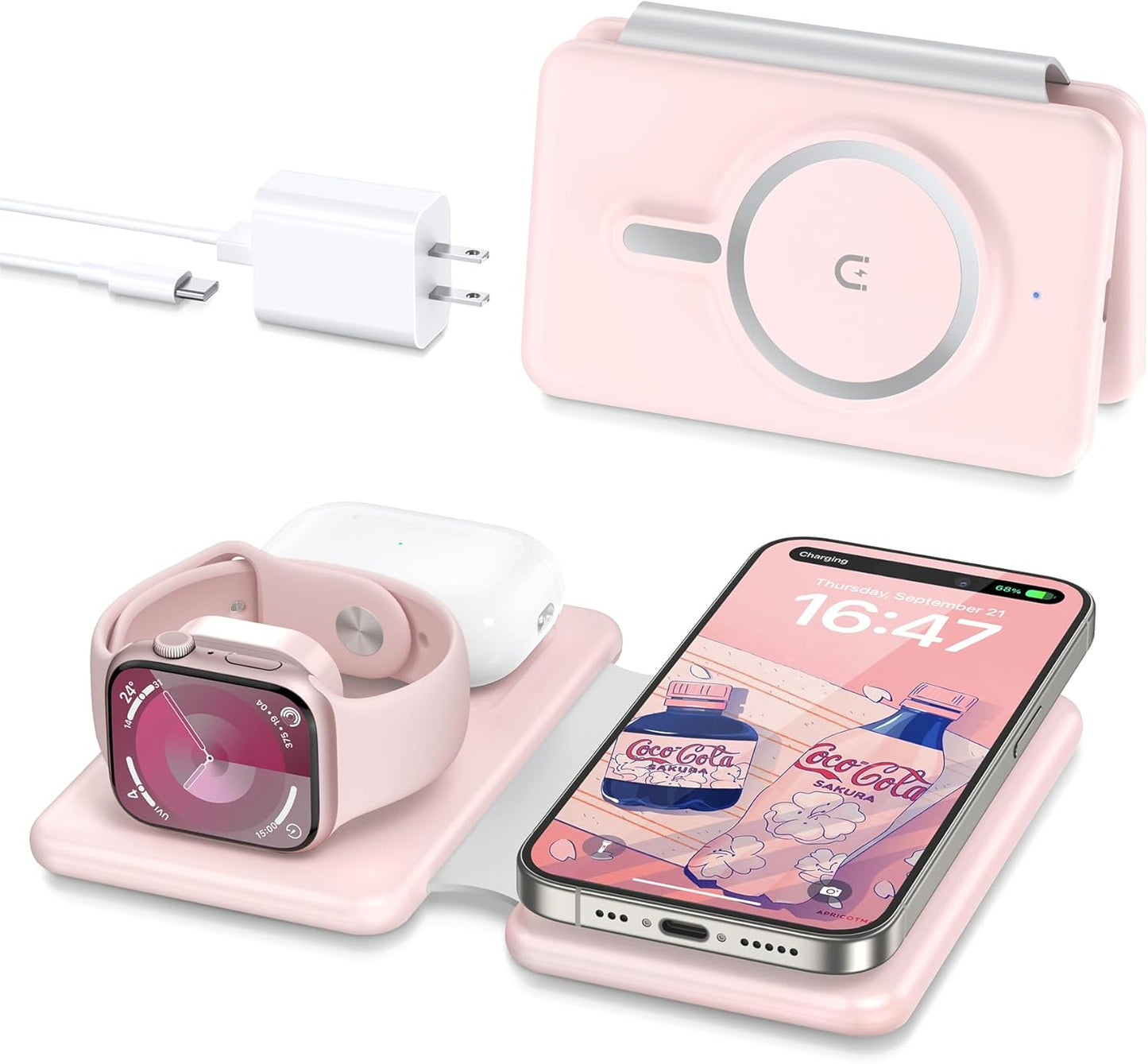 3 in 1 Wireless Charging Station for iPhone 16 15 14 13 12 Pro Max Plus – Foldable Magnetic Charger Pad for Apple Watch Series & AirPods – Fast Wireless Charging Dock for Travel & Home