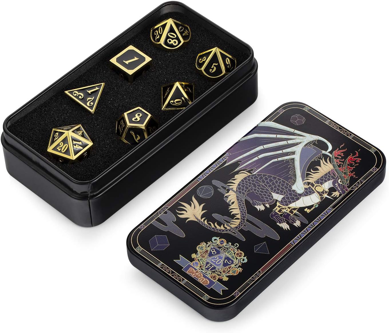 DNDND Metal Dice Set D&D, 7 die Metallic Polyhedral Dice Set with Gift Metal Box and Gold Number for DND Dungeons and Dragons Role Playing Games (Black and Gold)