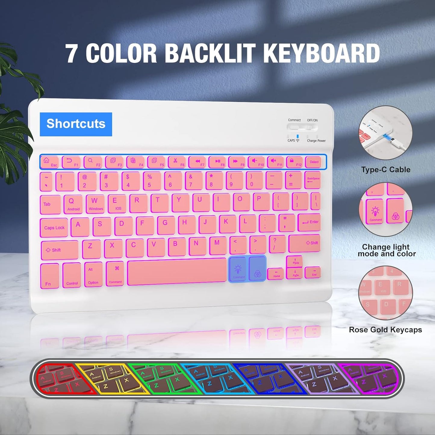 BLUTLOTUS Keyboard Case for iPad 9th/8th/7th Generation 10.2 inch,360° Rotatable iPad Pro 10.5-inch Air 3 Case with Pencil Holder,7 Color Backlit Bluetooth Keyboard Folio Cover (Rose Gold)