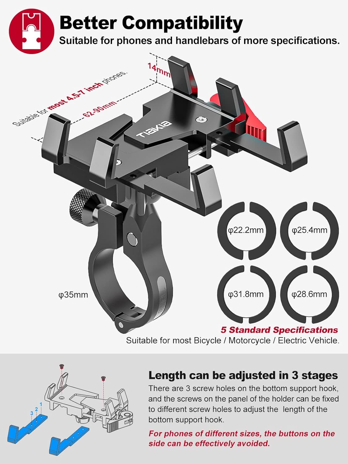 Tiakia Bike Phone Mount Holder, Aluminum Motorcycle Phone Mount, Handlebar Mounted Cell Phone Holder for Bike, 360° Rotation, Universal Bicycle Phone Mount for 4.5-7 Inch Phones