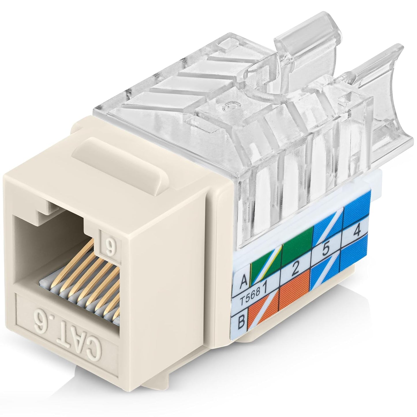 Everest 45° Angled RJ45 Cat6 Keystone Jacks 10-Pack in Light Almond - Slim Profile Female RJ45 Connectors - Cat 6 Keystone Jack - Compatible with 45° Angled Speed Termination Tool - 45Term