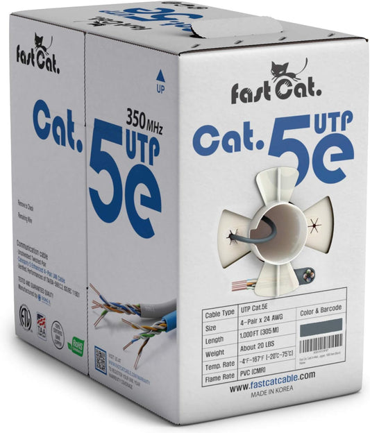 fast Cat. Cat5e Ethernet Cable 1000ft - 24 AWG, CMR, Insulated Bare Copper Wire Cat 5 ethernet Cable with FastReel - 350MHZ / Gigabit Speed UTP Cable Cat5e - CMR (Gray)