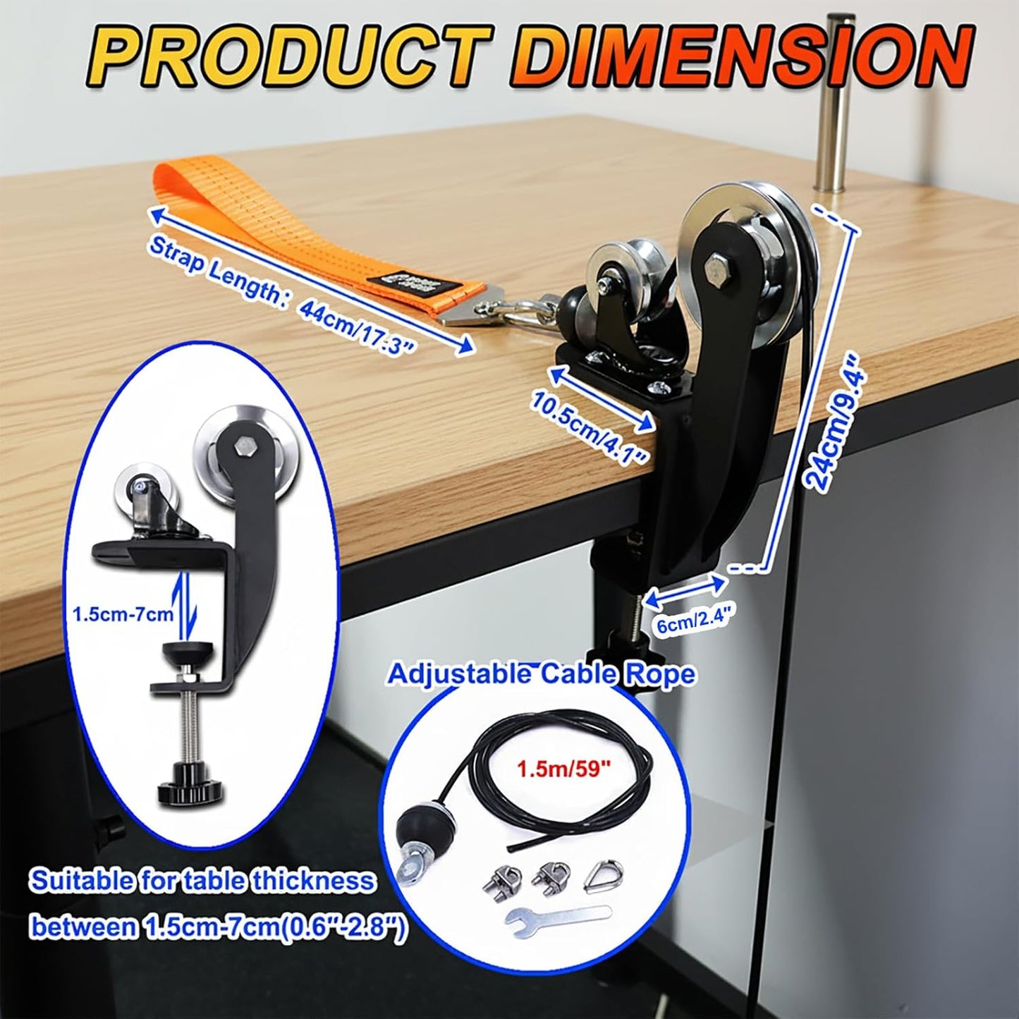 Arm Wrestling Pulley System with Adjustable 1.5m Steel Cable, Dual Aluminum Pulleys, 220lb Capacity, Table Clamp and Loading Pin for 1” & 2” Weight Plates, Wrist Strength Training Equipment