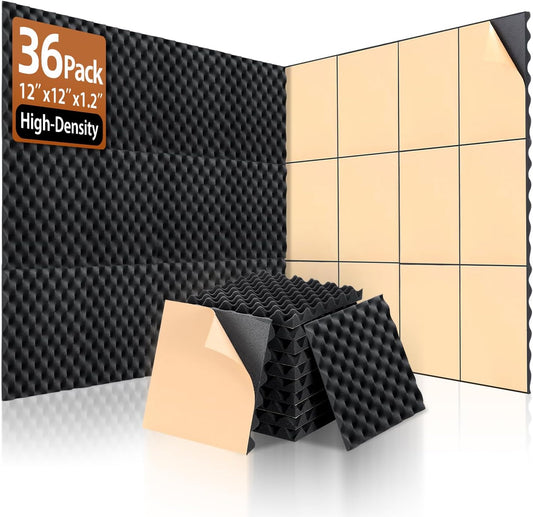 36 Pack Acoustic Foam Panels with Self Adhesive 12" X 12" X 1.2" Sound Proof Foam Panels for Walls High Density Egg-Crate Soundproof Wall Panels for Studio Office Gaming Room