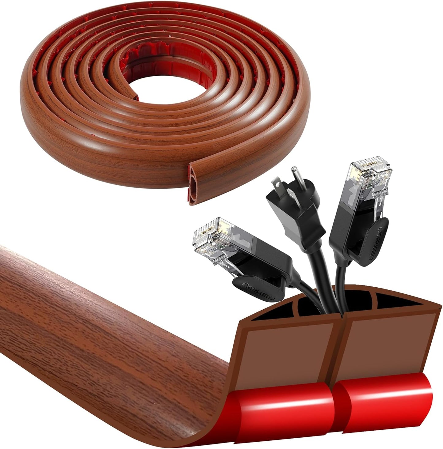 10ft Self Adhesive Floor Cord Cover, Cord Hider Floor, Cable Cavity:0.61"(W) x 0.32"(H),Heavy Duty Cable Protector, Hide Extension Cords, Cable Management Hide Wires on Floor,Walnut Wood