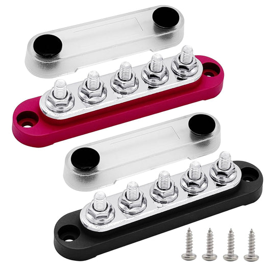 5 x M6 (1/4") Studs Power Distribution Block Bus Bar 12V, Ampper 4.3" 150A Marine BusBar Battery Distribution Block W/Cover for Car Boat Solar (Red & Black)