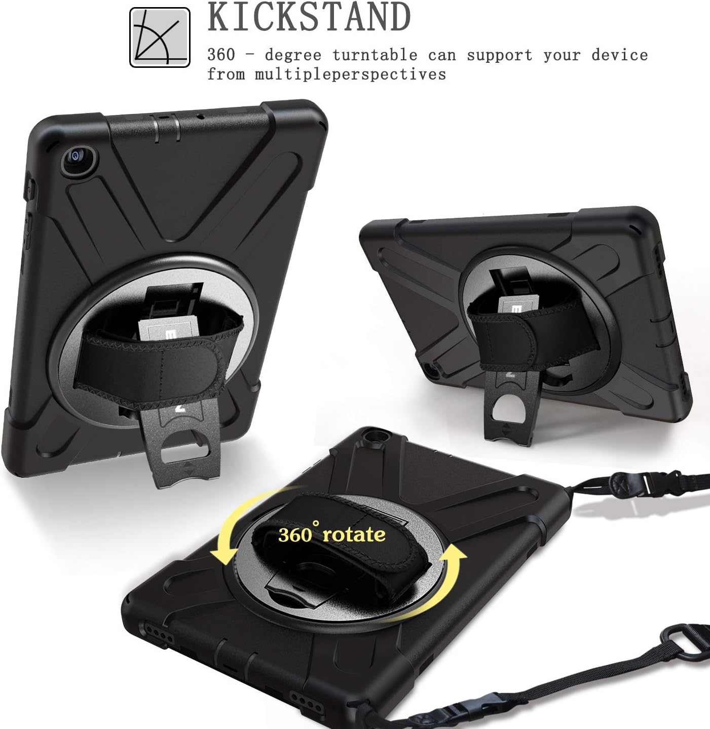 BRAECN for Galaxy Tab A 10.1 2019 Case, Heavy Duty Shockproof Rugged Case with 360 Degree Rotating Hand Strap/Stand and Shoulder Strap for Samsung Tab A 10.1 SM-T510/T515 2019 (Black)