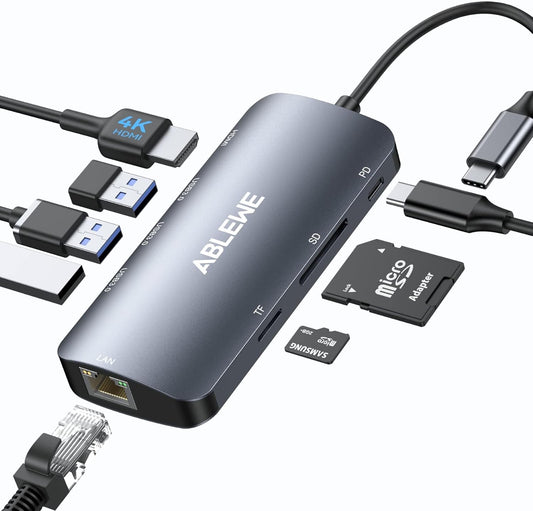 ABLEWE USB C Hub Ethernet, 8 in 1 Multiport USB C to HDMI Adapter 4K@60Hz,1000Mbps, 100W PD, SD/TF Card Reader, 3 USB 3.0 Ports, Docking Station Compatible for MacBook, Tablet, Phone, Type C Devices