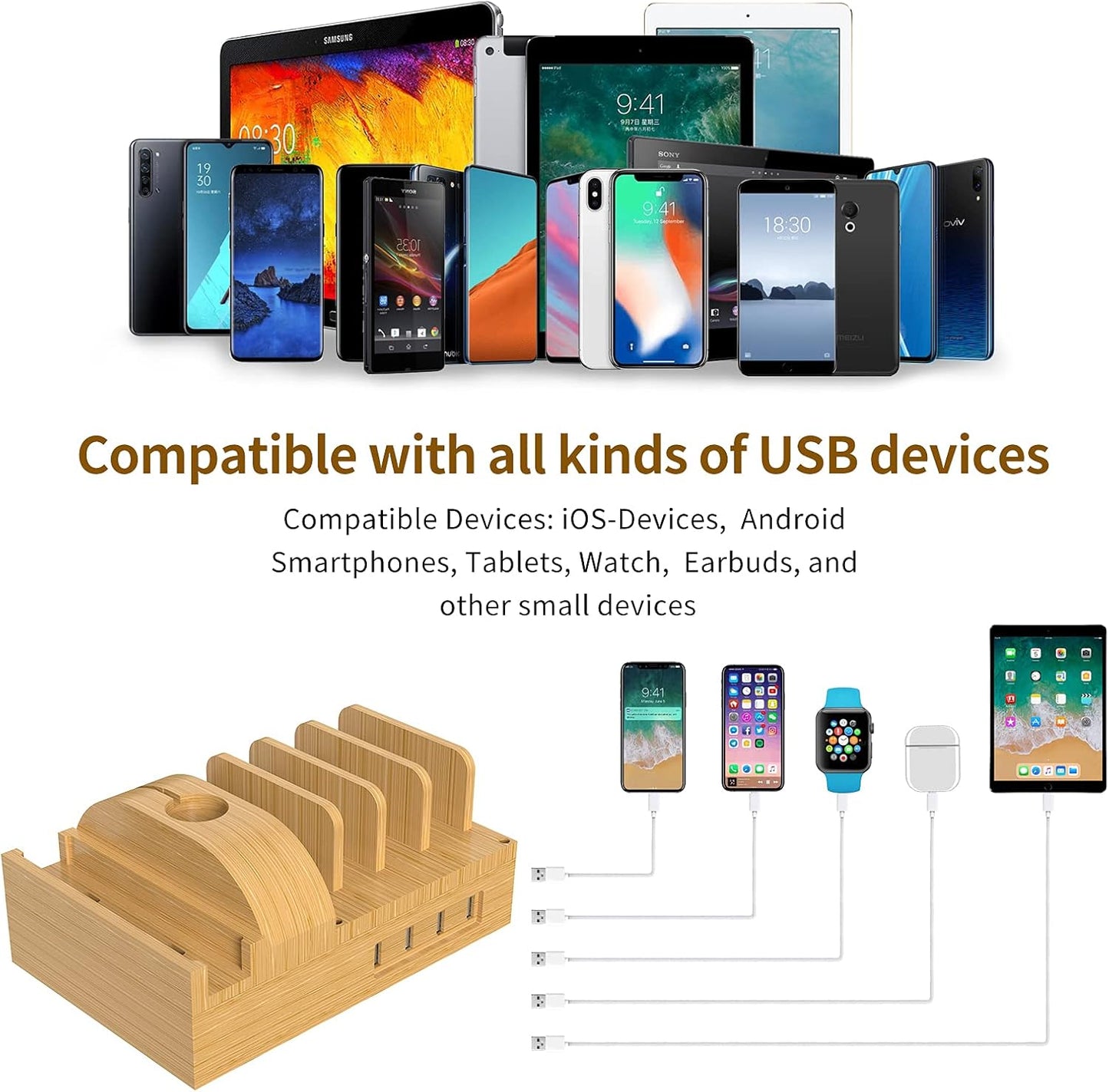 Bamboo Charging Station for Multiple Devices, Alltripal Wood Desktop Docking Station 7-Port Multi-Charger Organizer Fast USB Charger Compatible with iPhone, iPad, AirPods, iWatch, Cell Phone, Tablet