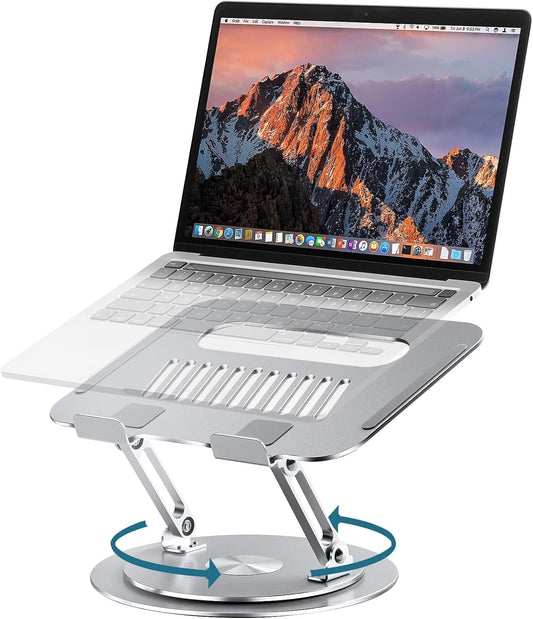 Lifelong Adjustable Laptop Stand with 360° Rotating Base, Ergonomic Computer Stand for Desk, Foldable & Portable Laptop Riser Holder Fits All MacBook, Laptops 10-16 Inches, Silver