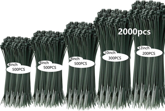 2000 PCS Zip Ties Assorted Sizes 4+6+8+10+12 Inch Self-locking Nylon Cable ties Outdoor, UV Resistant Wire Straps for Home Office Garden Workshop Indoor Outdoor Fence(garden green)