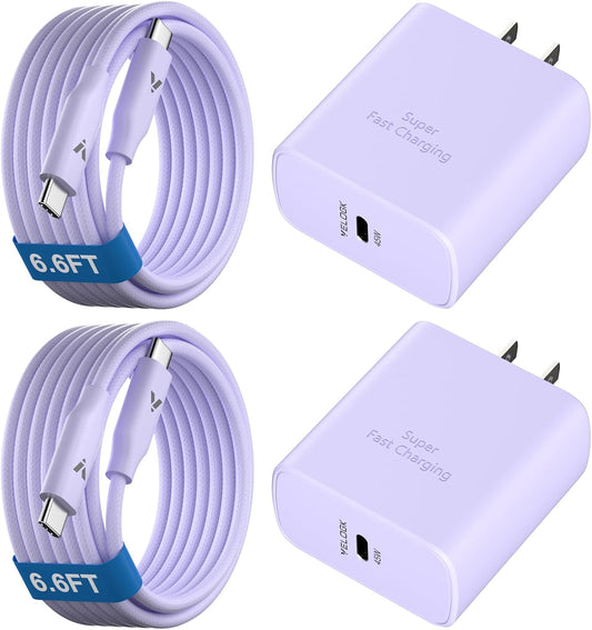 45W Super Fast Charger USB C,45 Watt Type-C Android Phone Charger Fast Charging Block with 6.6FT Type C Cords for Samsung Galaxy S25 Ultra/S24 Ultra/S24+/S23 Ultra/S22 Plus/S20,Tab S9/S8 Ultra(Purple)