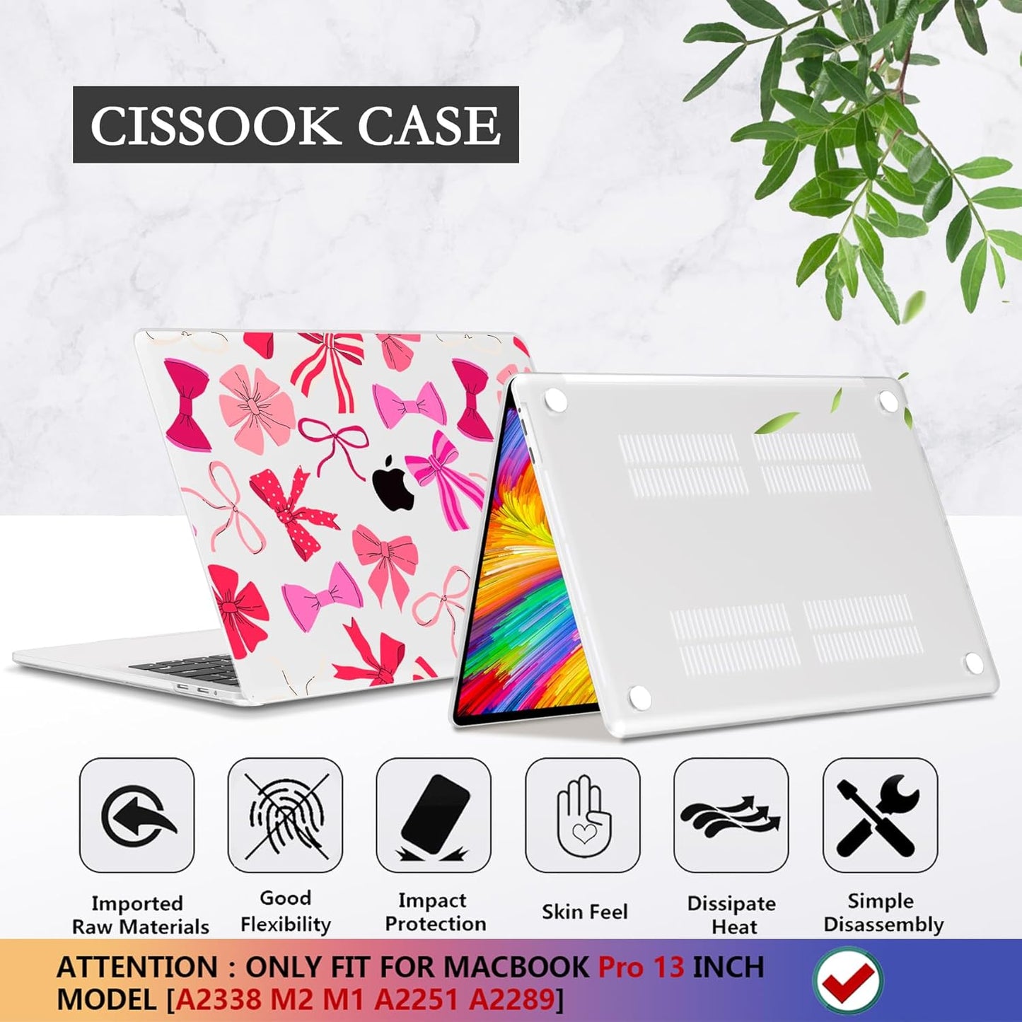 CISSOOK Compatible with MacBook Pro 13 inch 2025-2016 Release M2 M1 Chip A2338 A2251 A2289 A2159 A1989 A1706 Model, Plastic Hard Shell Case with Keyboard Cover&Screen Protector, Pink Bows