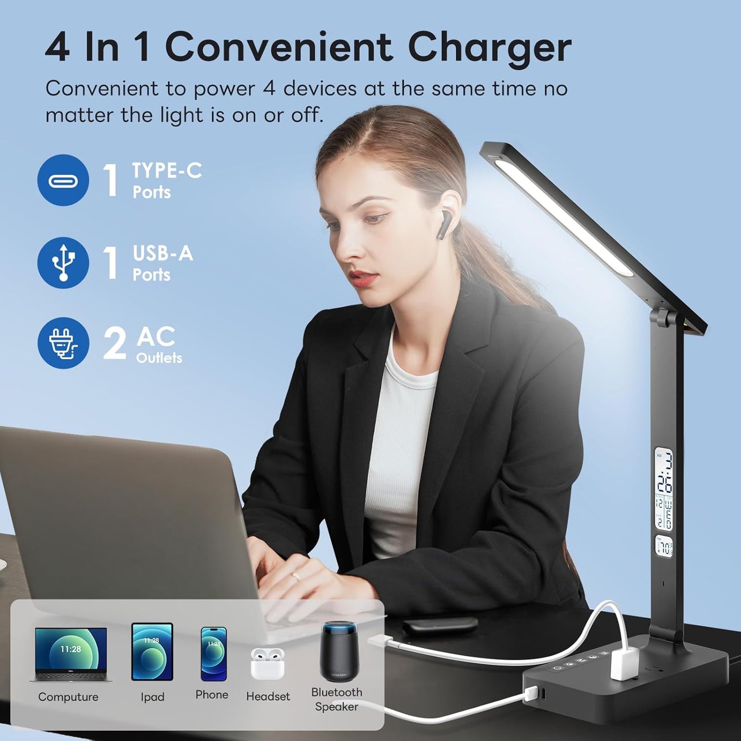 Infiway Desk Lamp with USB Charging Port: LED Eye-Caring Smart Table Light for Home Office - 1 Type-C, 1 USB-A Charging Port, 2 AC Power Outlets