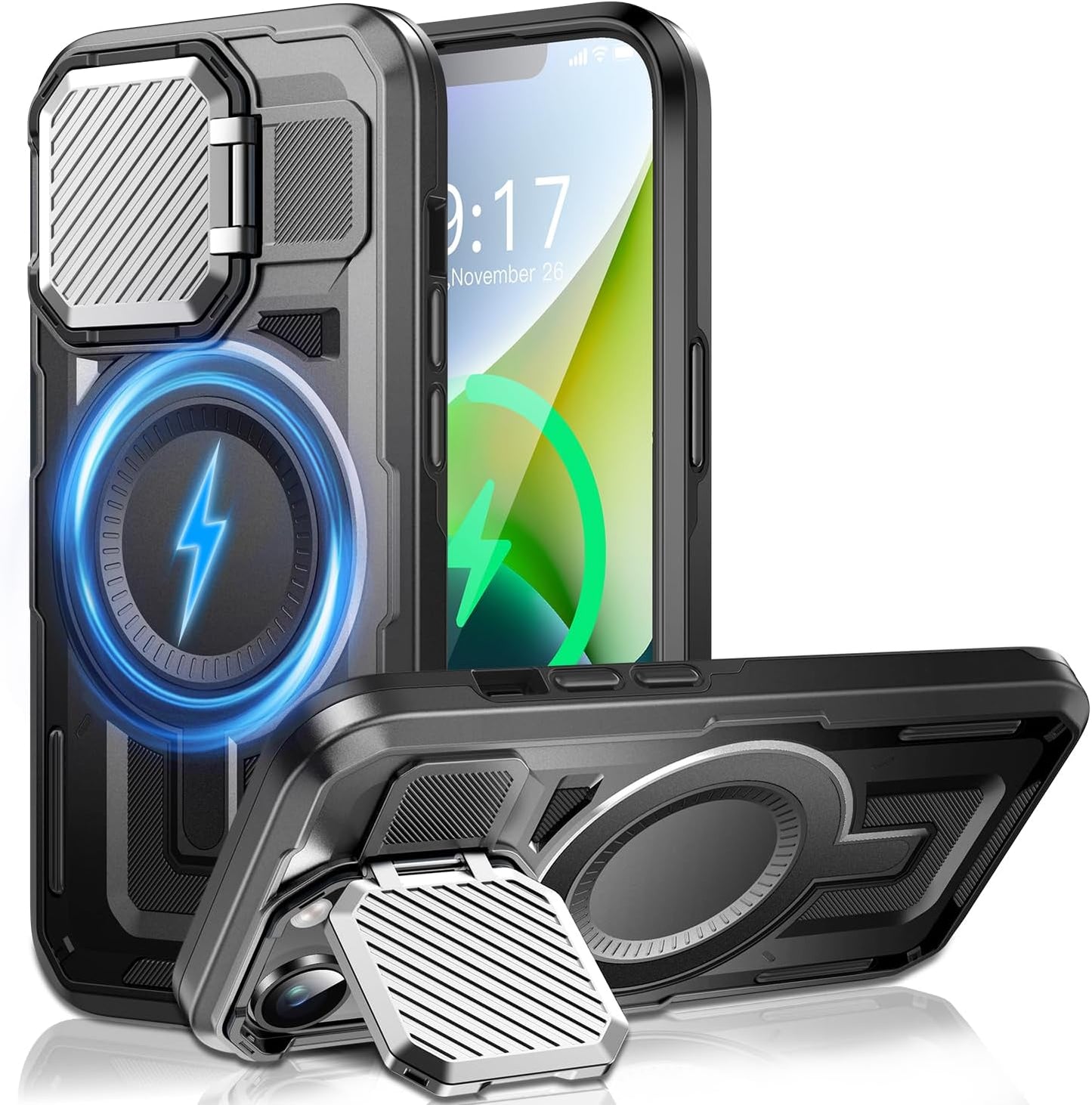 Camera Stand Case for iPhone 13/14, [Compatible with MagSafe] [Lens Cover] 2024 Version Military Grade Protective Soft Case for iPhone 13/14 6.1 inch Men Women, Black