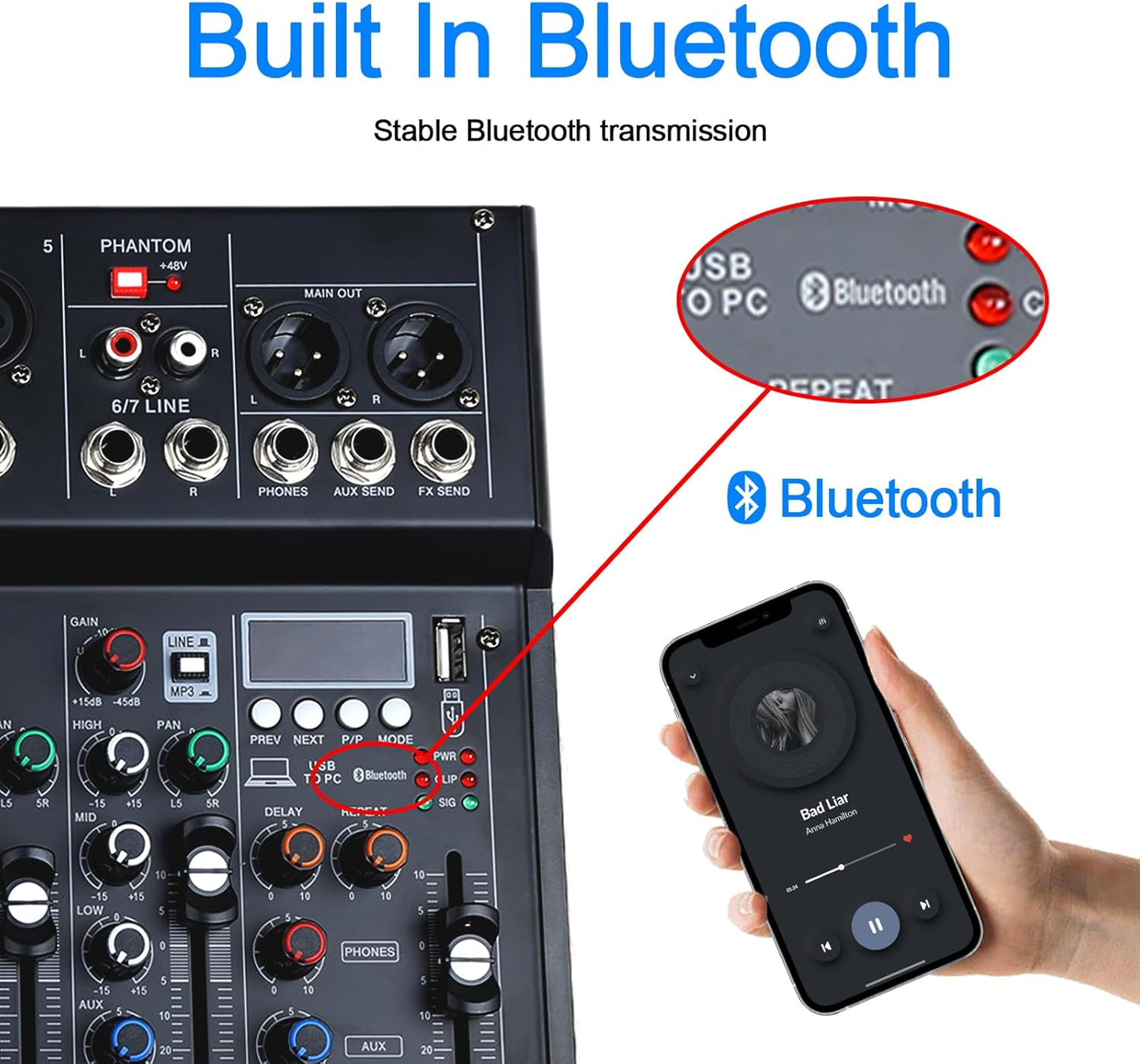 7 Channel mixer, DJ Mixer Board with Bluetooth and Usb, Audio Sound Card with Interface Recording and 48V Phantom Power, Sounds Mixer Board with FX Reverb Delay Effect for Streaming
