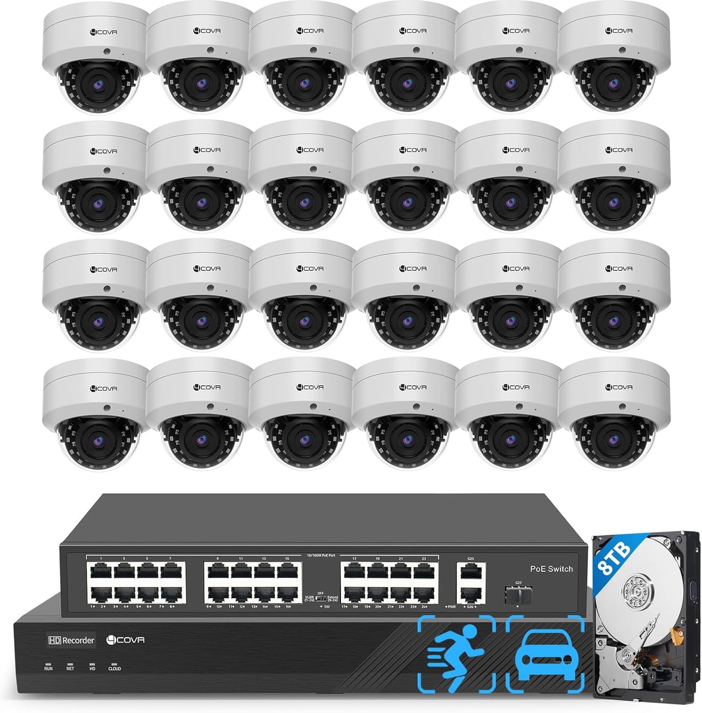 4COVR 32 Channel Security Camera System PoE with Mic, 24Pcs 5MP IK10 Vandal-Proof Dome IP Camera IP67, AI Human Vehicle Detection, 4K UHD NVR 8TB HDD, Commercial Surveillance Outdoor, LY54AX5M3224