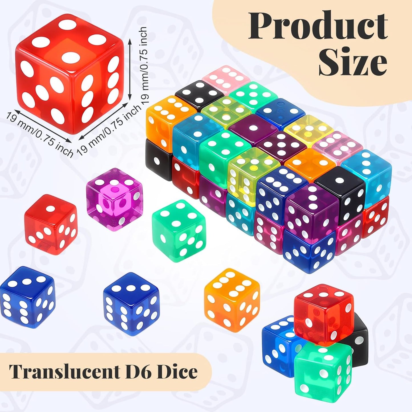 36 Piece 19 mm Casino Style Craps Dice Sets Acrylic and Translucent D6 Dice, Square W/Rounded Edge for Casino, Craps, Table Games and Board Games (Fashion Color)