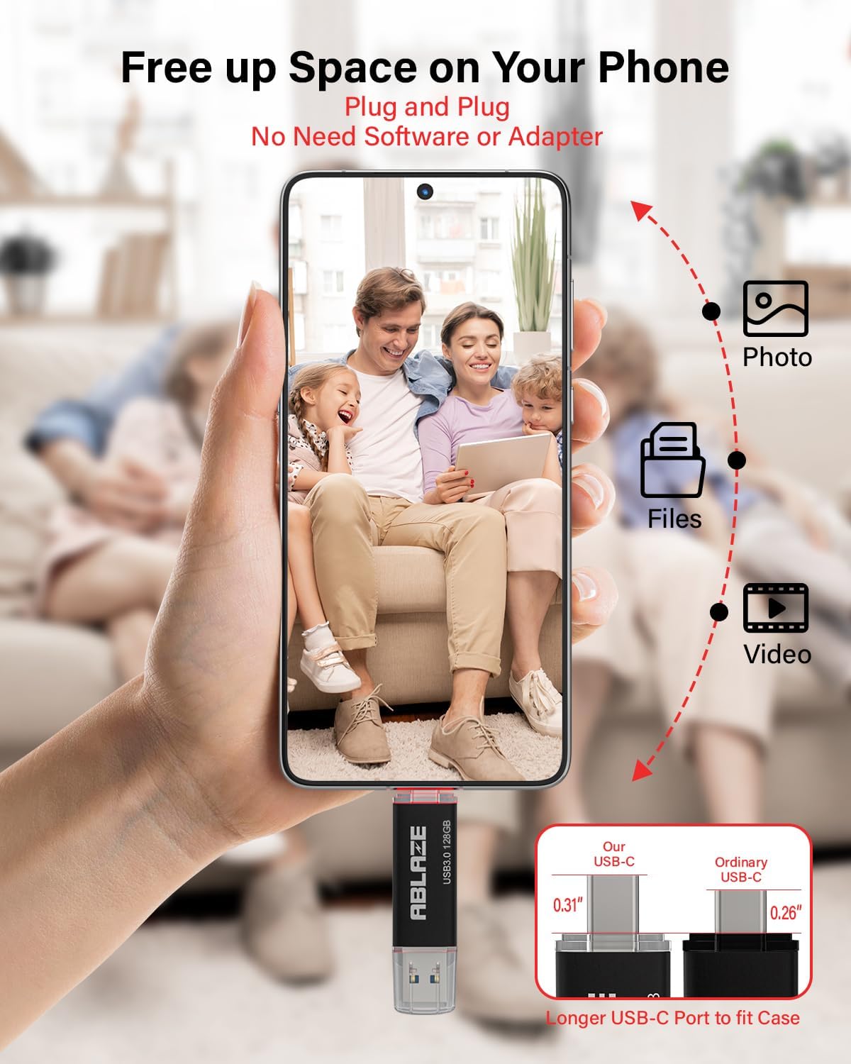 ABLAZE Type C Flash Drive 128GB, Dual USB 3.0+ USB C Flash Drive Compatible with iPhone 16/15,Android Smartphone,Computer,Tablet Mac Laptop