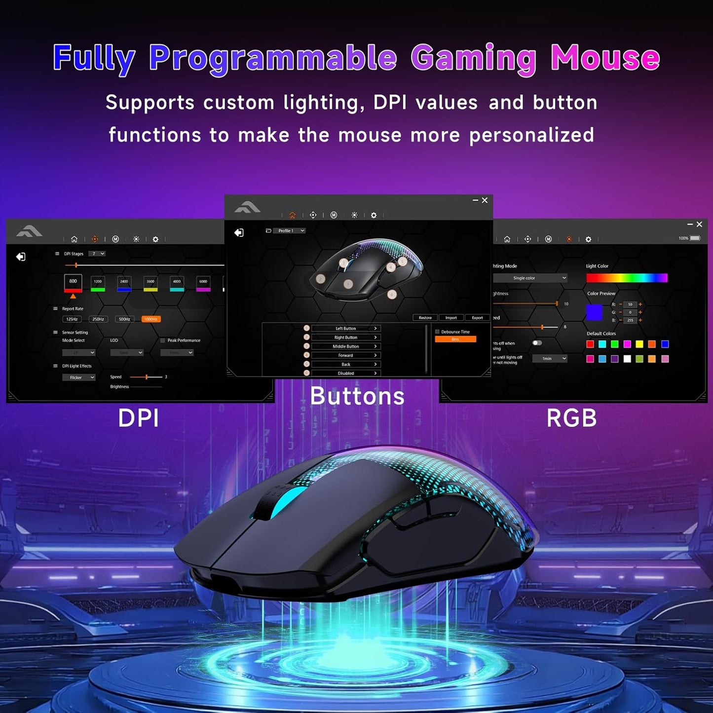FFJ Master02 Wireless Gaming Mouse, 12000 DPI, Tri-Mode 2.4G/USB-C/Bluetooth 5.3 Gaming Mouse, Large RGB Backlit, 6 Programmable Buttons, 75Hr Battery Life for PC, Mac, Laptop, PS5, Xbox - Black