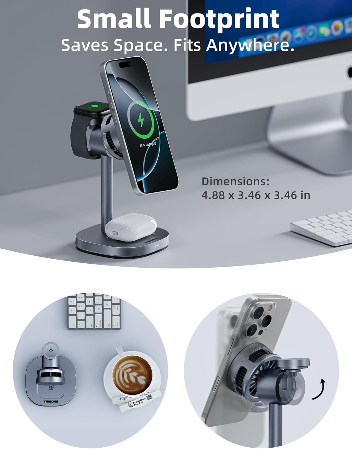 2025 New TRIBONE 3 in 1 Magsafe Wireless Charger Stand for iPhone 16 Charger, Qi2 Certified 15W Wireless Charger, Fast Cooling Charger Station for iPhone 16/15/14/13/12, for Apple Watch, AirPods