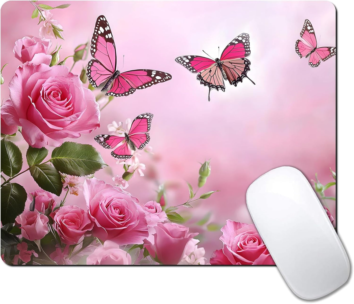 Cute Butterfly Pink Rose Flower Custom Mouse Pad with Non-Slip Rubber, Small Square Design for Wireless Laptop & Computer Mouse Pads for Desk, 9.5 x 7.9 inch Smooth Surface for Gaming & Office