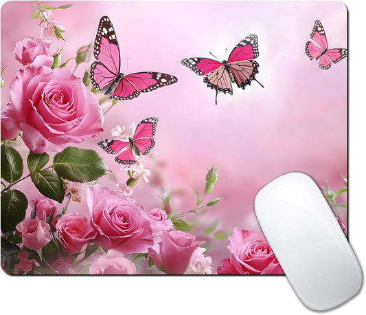 Cute Butterfly Pink Rose Flower Custom Mouse Pad with Non-Slip Rubber, Small Square Design for Wireless Laptop & Computer Mouse Pads for Desk, 9.5 x 7.9 inch Smooth Surface for Gaming & Office